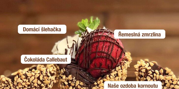 Dva kopečky řemeslné zmrzliny s domácí šlehačkou a belgickou čokoládou Callebaut pro 1 nebo 2 osoby