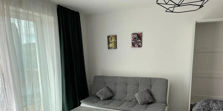 Apartmán je rozdělený na předsíň, koupelnu s WC a sprchovým koutem a obývací pokoj se spaním a kuchyní.
