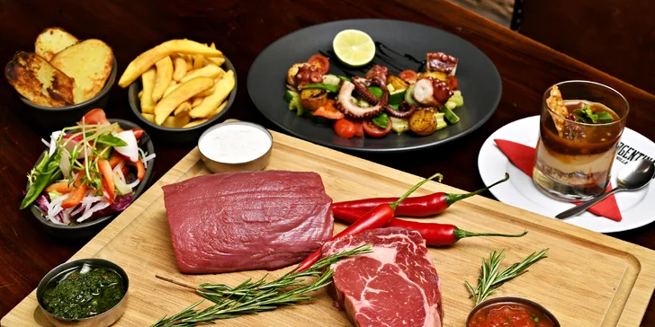3chodové argentinské menu pro 2 osoby: chobotnice, dva druhy steaků i dezert s kávou