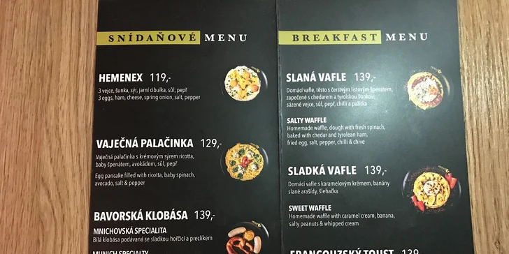 Slaná nebo sladká snídaně podle výběru i s džusem a kávou pro 1 či 2 osoby