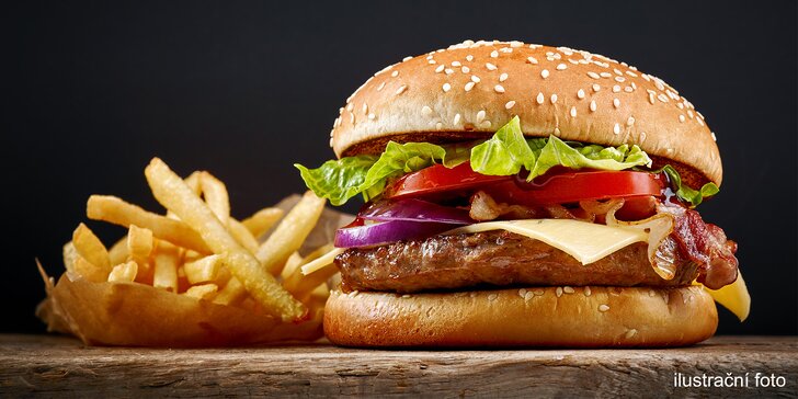 300g burger podle výběru, porce hranolků a omáčka pro 1 i 2 osoby