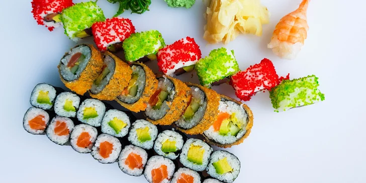 Sushi sety s 32 až 53 ks: krab, krevety, tuňák, okurka, avokádo i losos