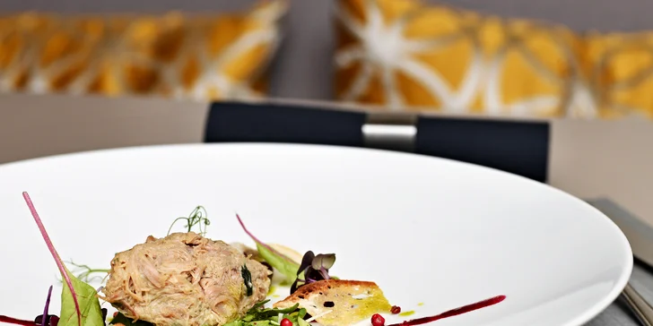 7chodové menu v restauraci 5* hotelu: losos, rillettes, panenka i sorbet a také lahev vína
