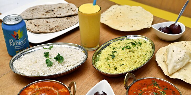 Indické menu: chicken tikka masala nebo butter chicken, tři přílohy, dezert a nápoj pro 1 i 2 osoby