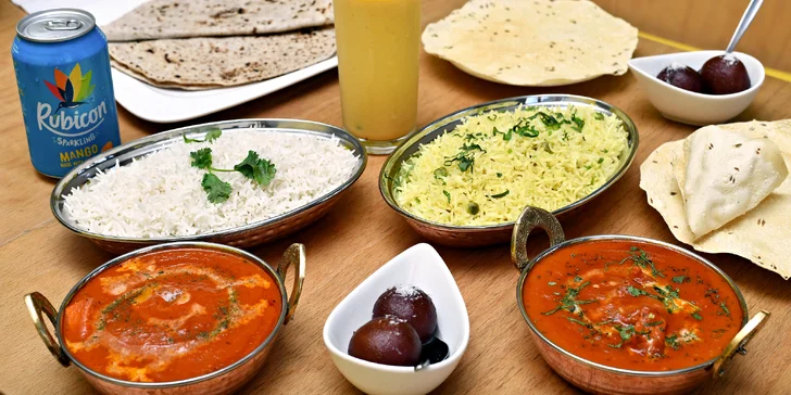 Indické menu: chicken tikka masala nebo butter chicken, tři přílohy, dezert a nápoj pro 1 i 2 osoby