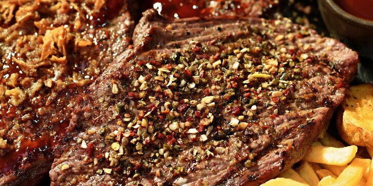 Masové menu na Malé Straně: argentinský hovězí top side steak na 3 způsoby, přílohy a omáčky