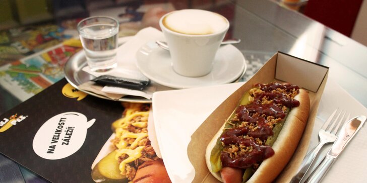 Hot dog s nápojem dle výběru pod Špilasem: hovězí a vepřový párek, zelí či okurka nebo papričky