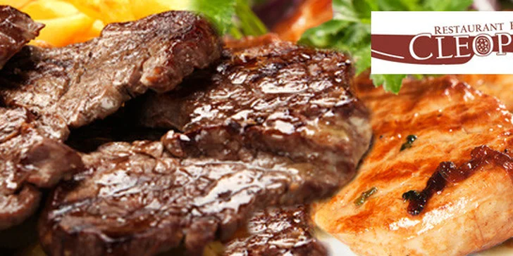 600g grilovaného masa na prkně s přílohou a dipem