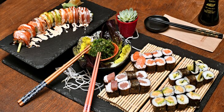 Sushi sety s 16 až 46 ks i wakame, taštičky gyoza, polévka a závitky