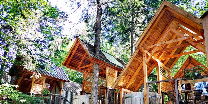 Luxusní glamping se snídaní u Bledu: dřevěný domek v lese až pro 4 os., vlastní horká káď na terase, sauna i masáž