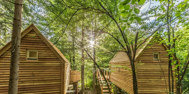 Luxusní glamping se snídaní u Bledu: dřevěný domek v lese až pro 4 os., vlastní horká káď na terase, sauna i masáž