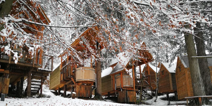 Luxusní glamping se snídaní u Bledu: dřevěný domek v lese až pro 4 os., vlastní horká káď na terase, sauna i masáž