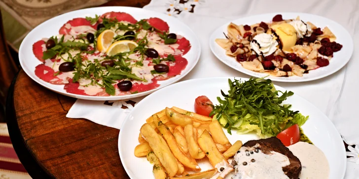 Italská kuchyně v centru Prahy: bohaté 3chodové menu pro 2 osoby s hovězí svíčkovou nebo panenkou