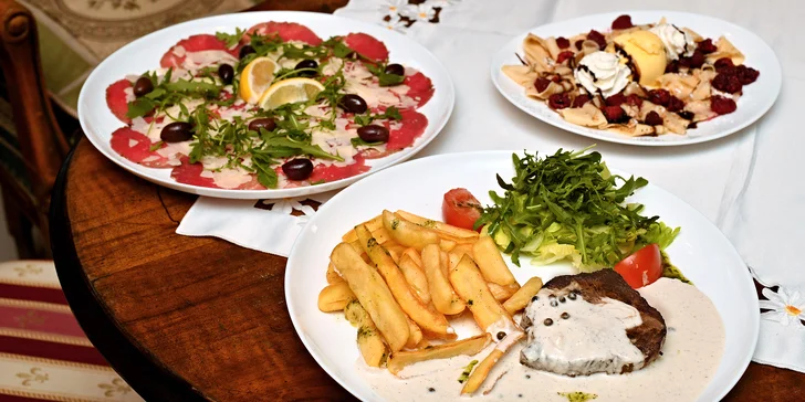 Italská kuchyně v centru Prahy: bohaté 3chodové menu pro 2 osoby s hovězí svíčkovou nebo panenkou