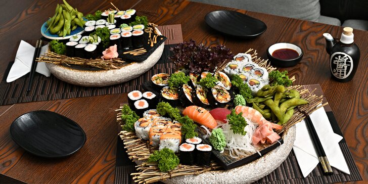 Sushi sety až 33 ks s rybami i vege a k nim edamame a wakame i kimchi
