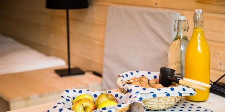 Luxusní glamping se snídaní u Bledu: dřevěný domek v lese až pro 4 os., vlastní horká káď na terase, sauna i masáž