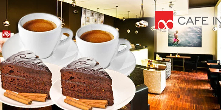 Dva horké nápoje a dva zákusky v Cafe Infinity