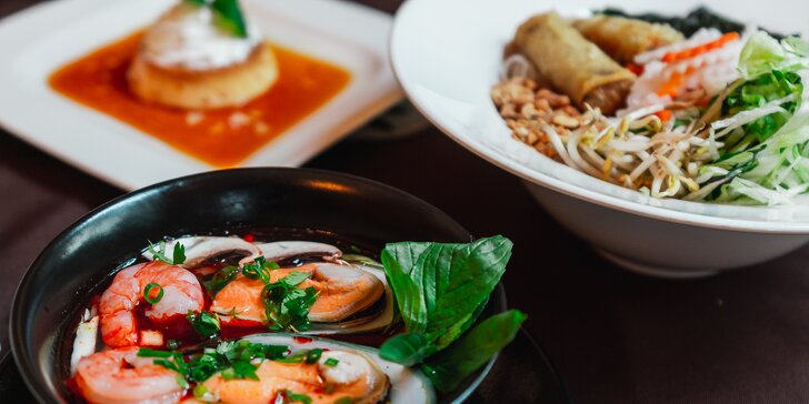 Vietnamské menu pro 1, 2 nebo 4 osoby: rýžové nudle, závitky, losos, kachna i chňápal