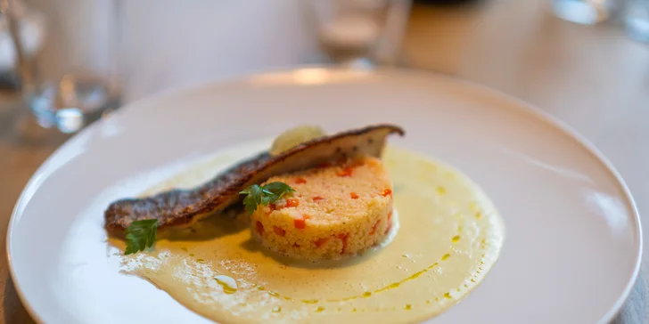 5chodové degustační menu pro dva: kachní prso či pstruh, krevety, rajská polévka, panna cotta