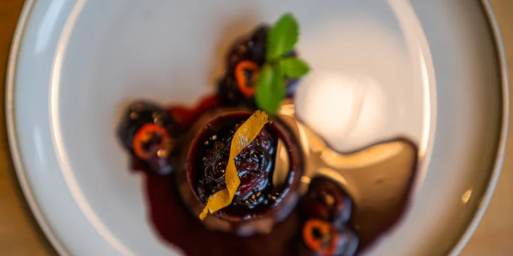 5chodové degustační menu pro dva: kachní prso či pstruh, krevety, rajská polévka, panna cotta