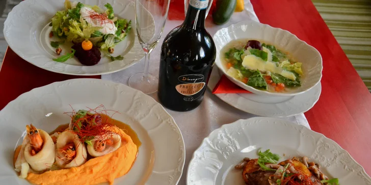 4chodové degustační menu pro dva i s lahví prosecca: sumeček či svíčková, carpaccio a čokoládový fondant