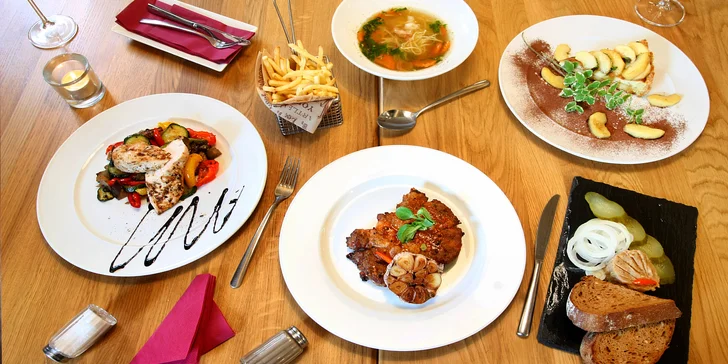 4chodové menu pro dva i s degustací piveček: škvarkovka, vývar, prso nebo krkovička, dezert a 5 točených