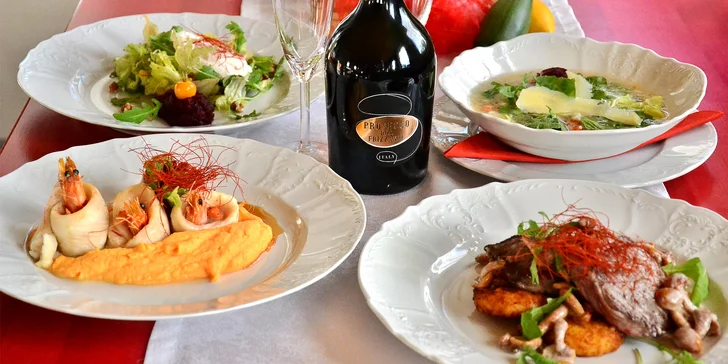 4chodové degustační menu pro dva i s lahví prosecca: sumeček či svíčková, carpaccio a čokoládový fondant