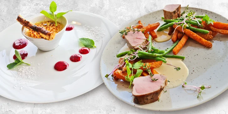 Čtyřchodové menu pro dva: lilkový tatarák, kukuřičná polévka, vepřová panenka a crème brûlée