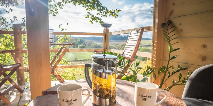 Netradiční pobyt na stromě: treehouse na Vysočině, vyhřívaný koupací sud i lahev vína