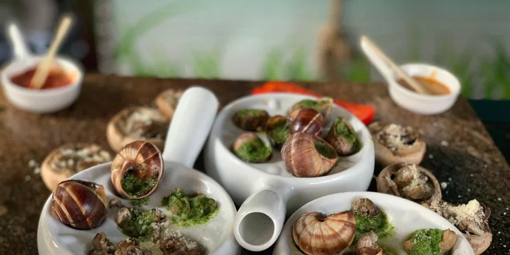 Šnečí degustační menu pro dva: ragú, zapečené filé, polévka i grilovaní šneci