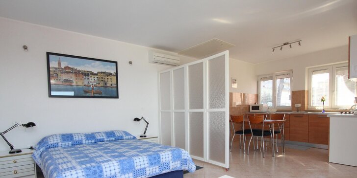 Vybavené apartmány na kraji městečka Rovinj: balkón a výhled na moře, na pláž jen 400 metrů