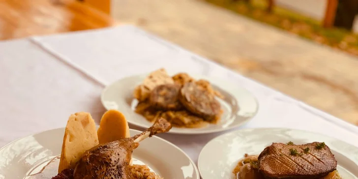 Menu o 4 chodech dle výběru pro dva: kachní paštika, houbový krém i pečené kachní stehno se zelím a knedlíkem