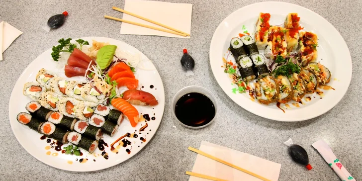 Parádní sushi sety: 10–52 ks rolek i se salátem, nudlemi či polévkami
