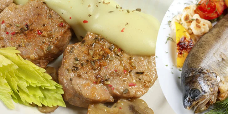 195 Kč za DVĚ vepřové panenky s přílohou. Na výběr i pstruh po mlynářsku a na bylinkách. Vydatná bašta v restauraci Kajetánka.
