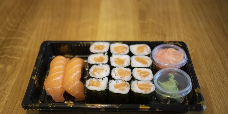 Sety 14–68 kousků sushi s rybami i zeleninou a k nim minizávitky