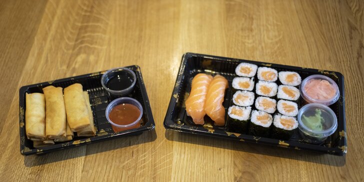 Sety 14–68 kousků sushi s rybami i zeleninou a k nim minizávitky