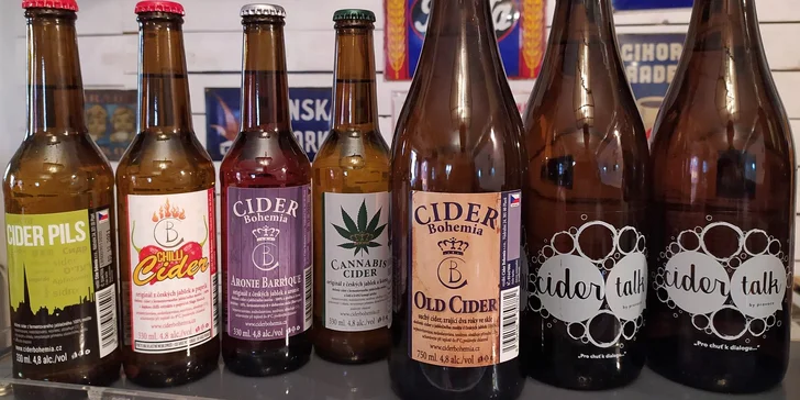 Ochutnávka ciderů i dárkový balíček tří lahví na doma pro 1, 2 nebo 4 osoby