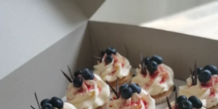 Výběr ze 2 druhů cupcakes: vanilkový s borůvkami a makový s ostružinami