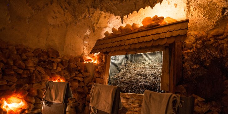 Vstup do solné jeskyně a finské sauny, k tomu pečené koleno s pivem či kofolou pro 1 nebo 2 osoby