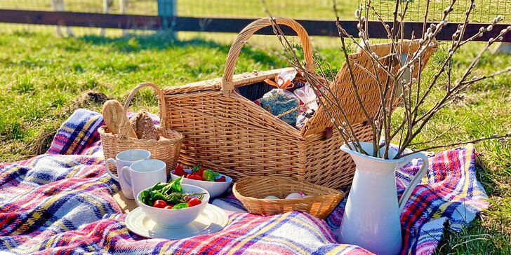 Piknik v jedlém parku Pastvina pro 1–6 osob: košík s hlavním jídlem, dezerty a pitím vč. nádobí a deky
