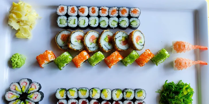 56 či 72 kousků sushi v Porubě klidně i s sebou: kreveta, losos v tempuře i tuňák California
