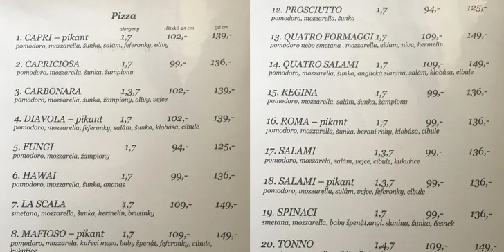 Jedna nebo dvě pizzy podle výběru z 22 druhů, možnost odnosu s sebou