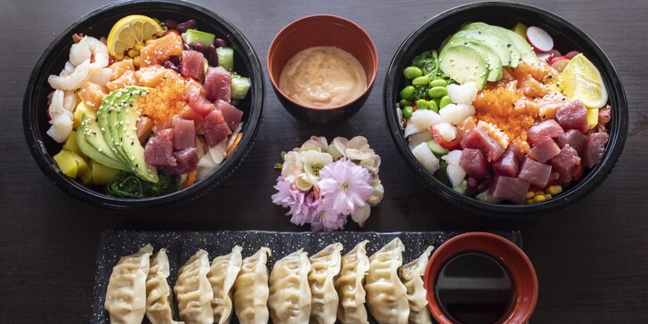 Asie s sebou: poke bowl s rybou či krevetami a dim sum knedlíčky pro 1 nebo 2 osoby