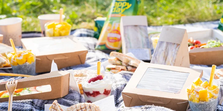 Dobroty na piknik vč. rozvozu: sendviče, bagely, saláty, dezerty i džusy až pro 8 osob