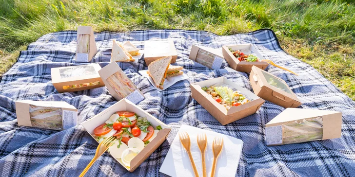 Dobroty na piknik vč. rozvozu: sendviče, bagely, saláty, dezerty i džusy až pro 8 osob