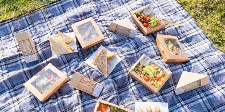 Dobroty na piknik vč. rozvozu: sendviče, bagely, saláty, dezerty i džusy až pro 8 osob