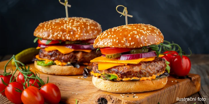 Hovězí hamburger nebo cheeseburger s BBQ omáčkou pro jednoho i pro dva