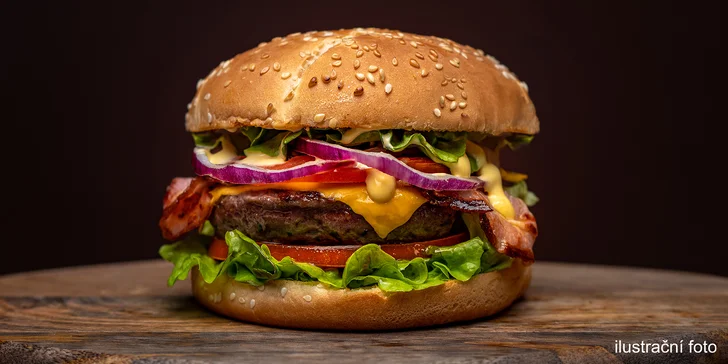 Hovězí hamburger nebo cheeseburger s BBQ omáčkou pro jednoho i pro dva