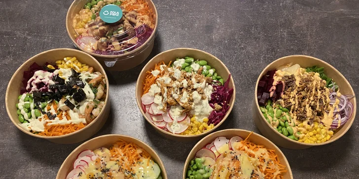 1 nebo 2 poke bowly a limonáda k tomu: miska s krevetami, kuřetem i tofu, malinová či mango limonáda