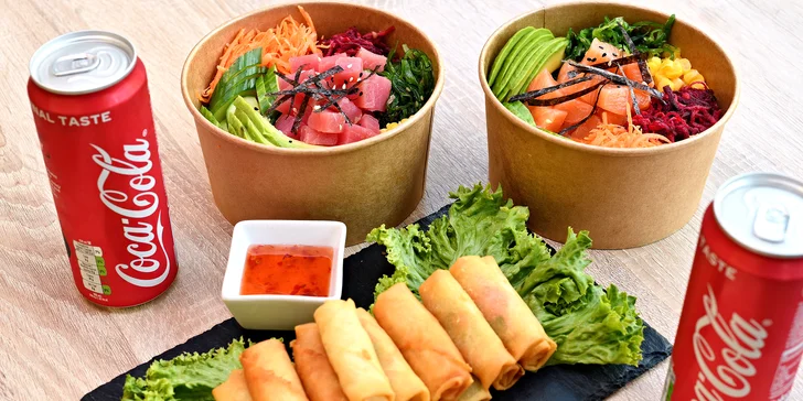 Pokebowl podle výběru z 5 druhů, minizávitky a nápoj pro 1 či 2 osoby